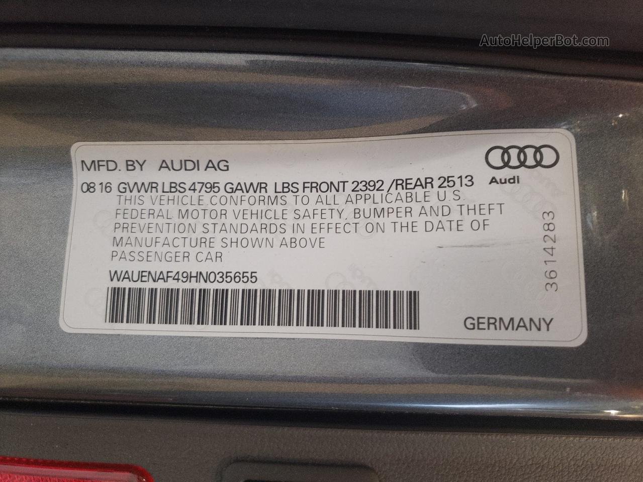 2017 Audi A4 Premium Plus Charcoal vin: WAUENAF49HN035655