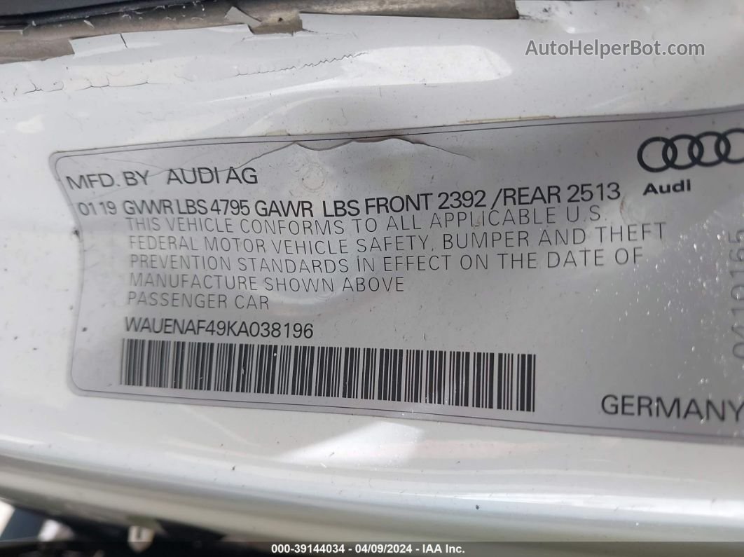 2019 Audi A4 45 Premium White vin: WAUENAF49KA038196