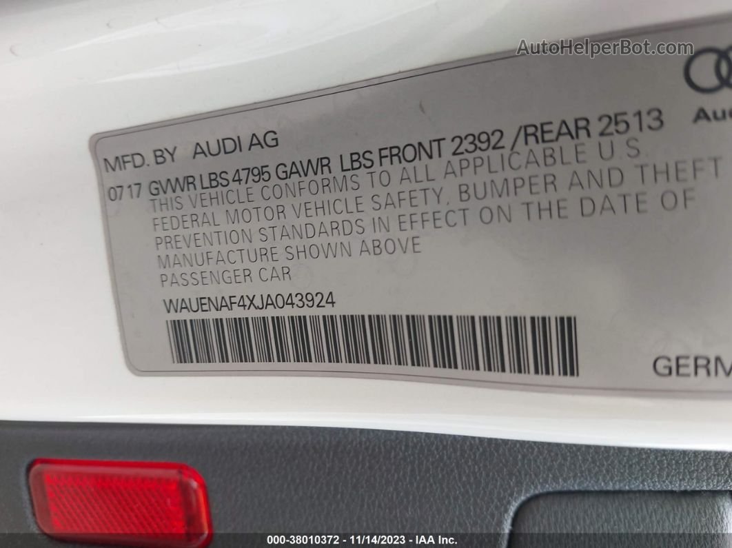 2018 Audi A4 Premium Plus White vin: WAUENAF4XJA043924