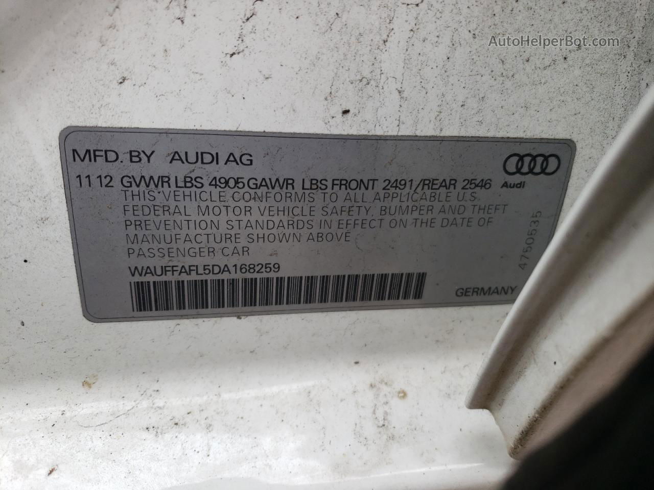 2013 Audi A4 Premium Plus White vin: WAUFFAFL5DA168259