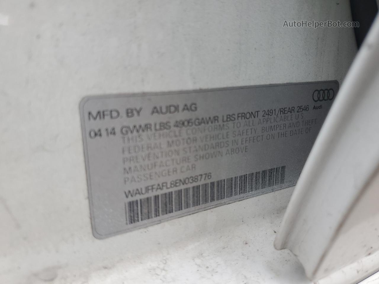 2014 Audi A4 Premium Plus White vin: WAUFFAFL8EN038776