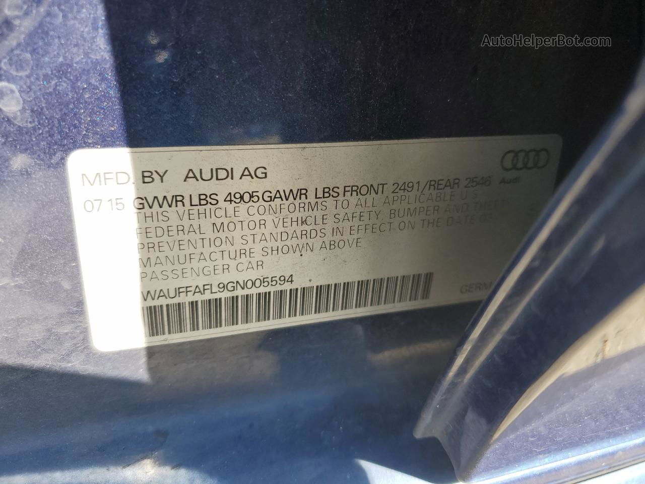 2016 Audi A4 Premium Plus S-line Синий vin: WAUFFAFL9GN005594