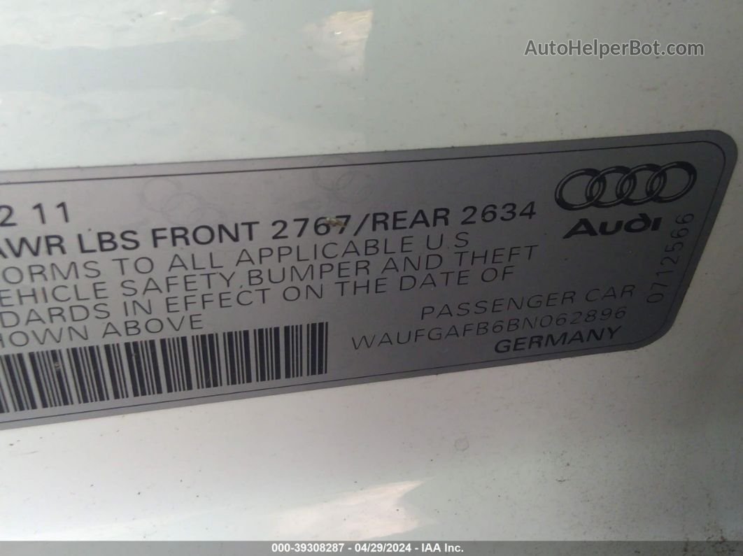 2011 Audi A6 3.0 Premium White vin: WAUFGAFB6BN062896