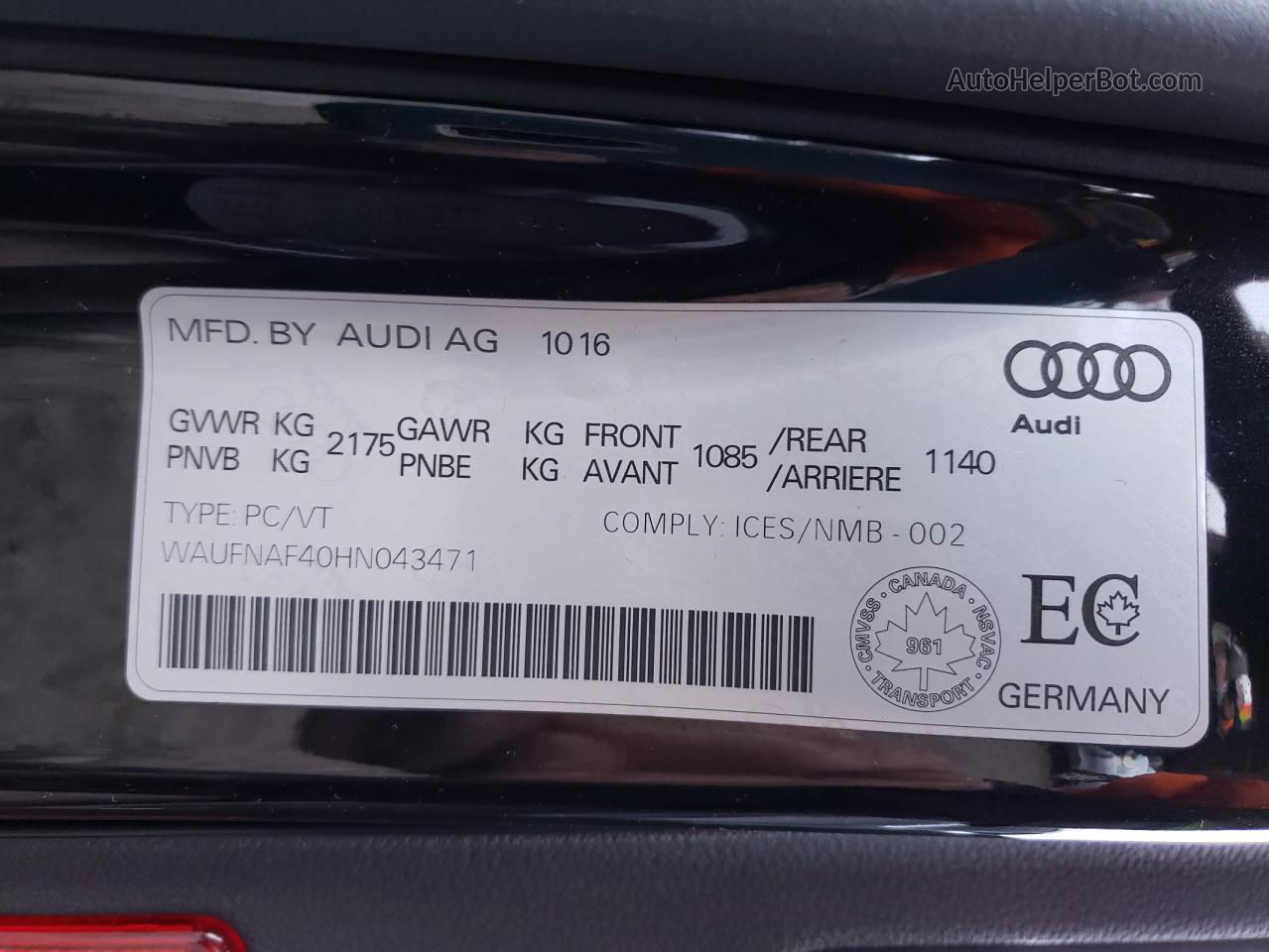 2017 Audi A4 Prestige Black vin: WAUFNAF40HN043471