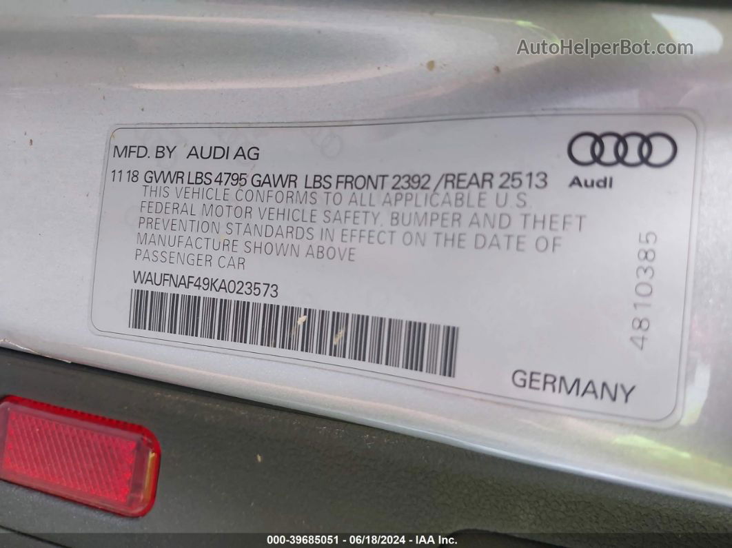 2019 Audi A4 45 Premium Silver vin: WAUFNAF49KA023573