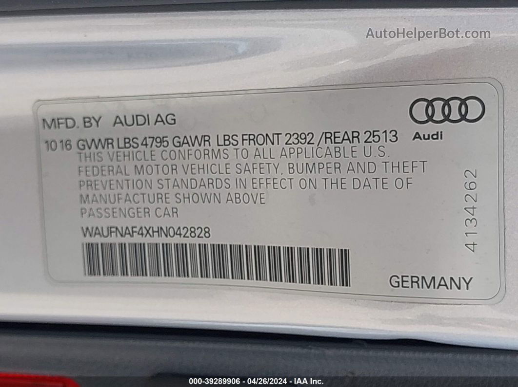 2017 Audi A4 Prestige Silver vin: WAUFNAF4XHN042828