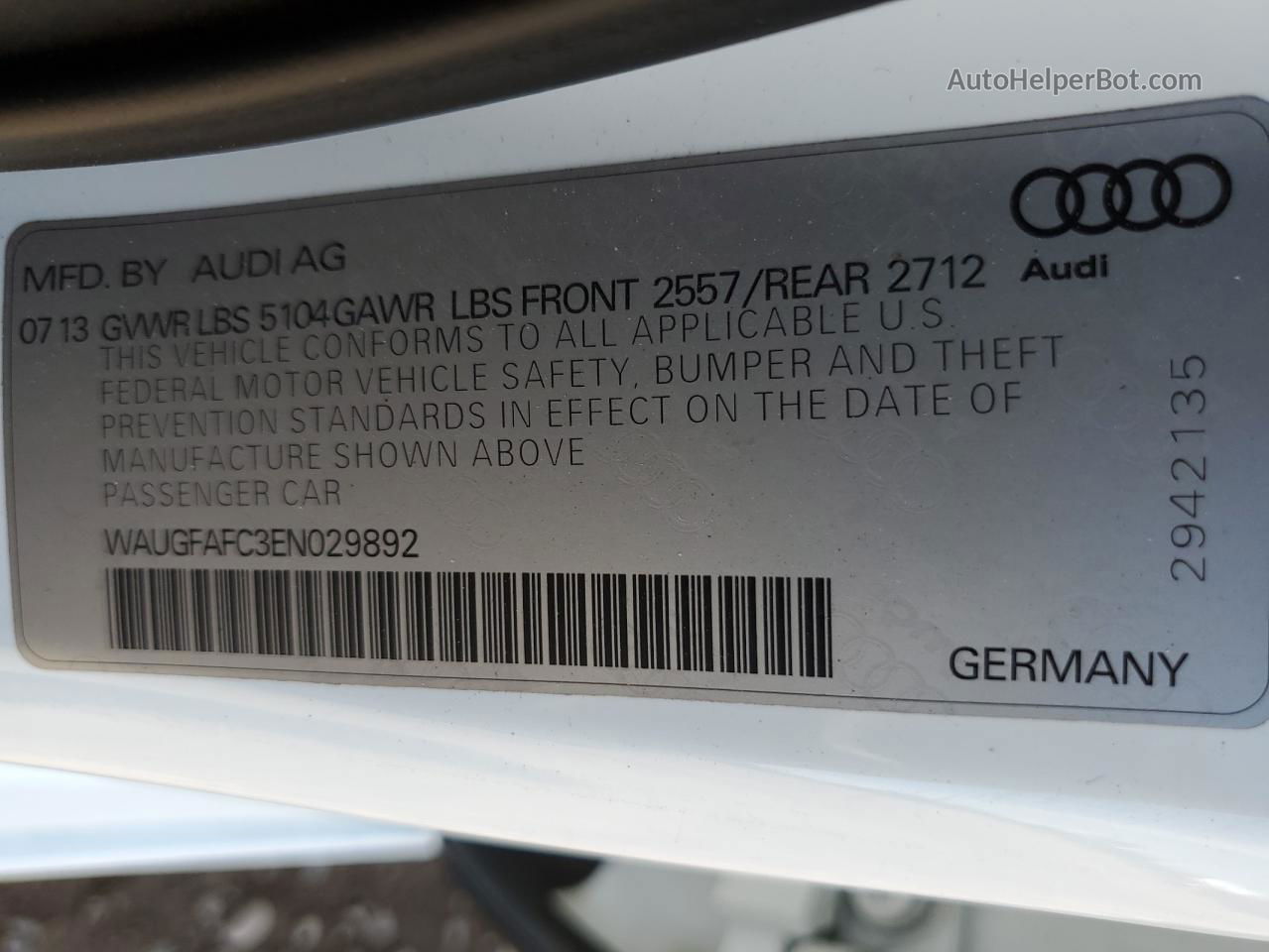 2014 Audi A6 Premium Plus White vin: WAUGFAFC3EN029892