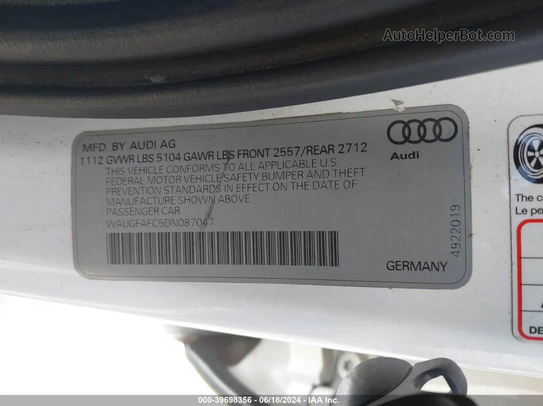 2013 Audi A6 2.0t Premium White vin: WAUGFAFC5DN087047