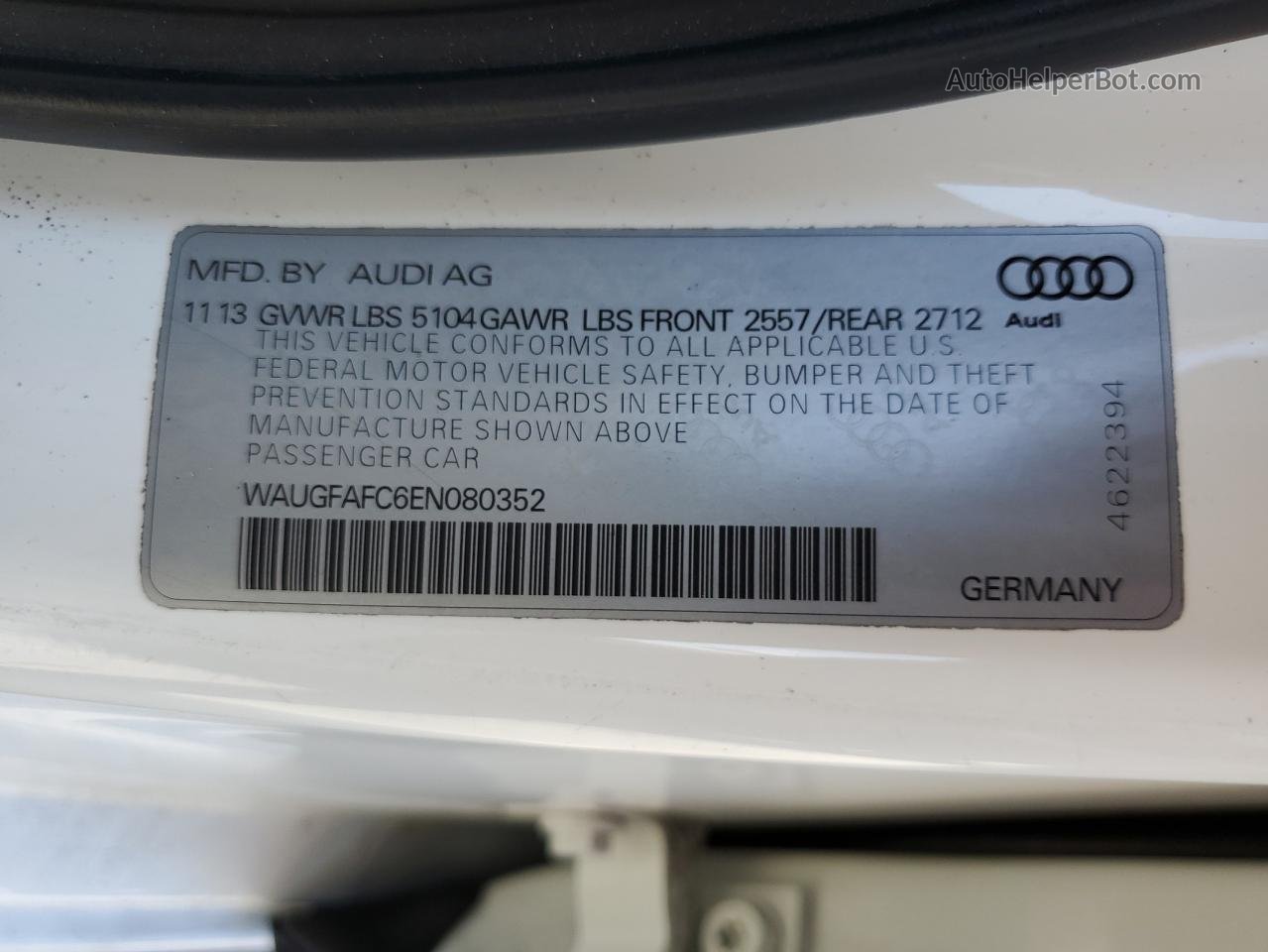 2014 Audi A6 Premium Plus White vin: WAUGFAFC6EN080352
