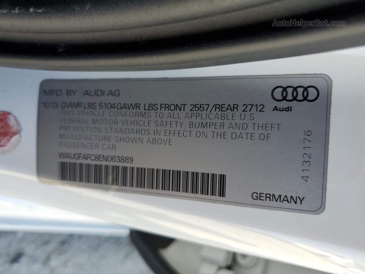 2014 Audi A6 Premium Plus White vin: WAUGFAFC8EN063889