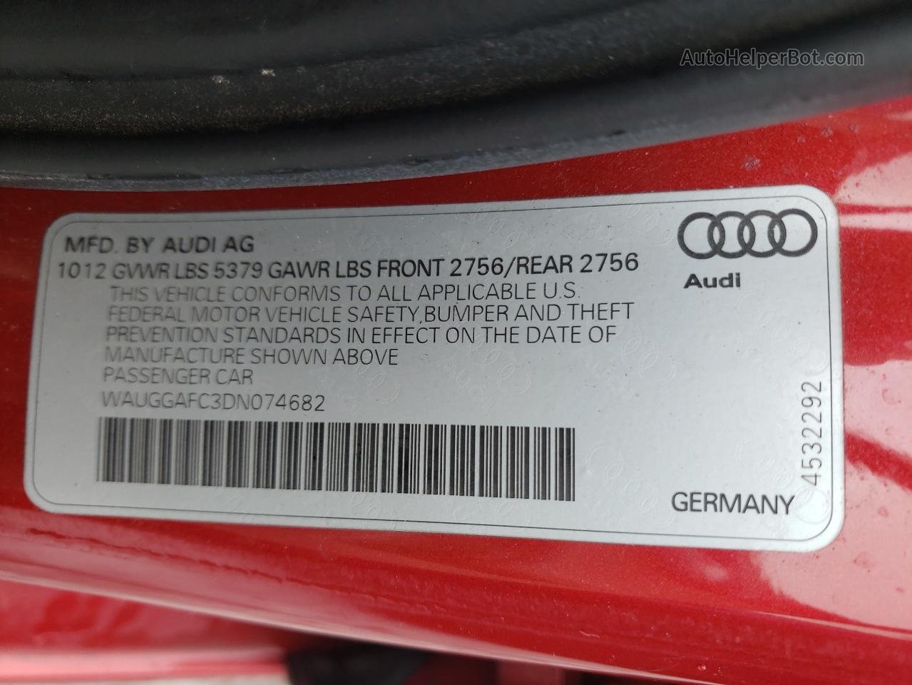 2013 Audi A6 Premium Plus Red vin: WAUGGAFC3DN074682