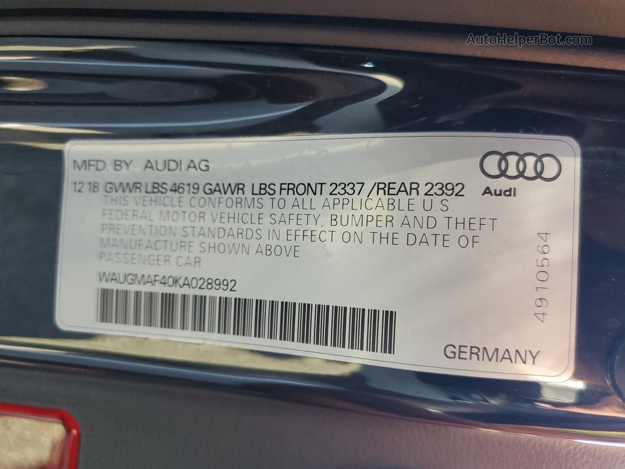 2019 Audi A4 Premium Black vin: WAUGMAF40KA028992