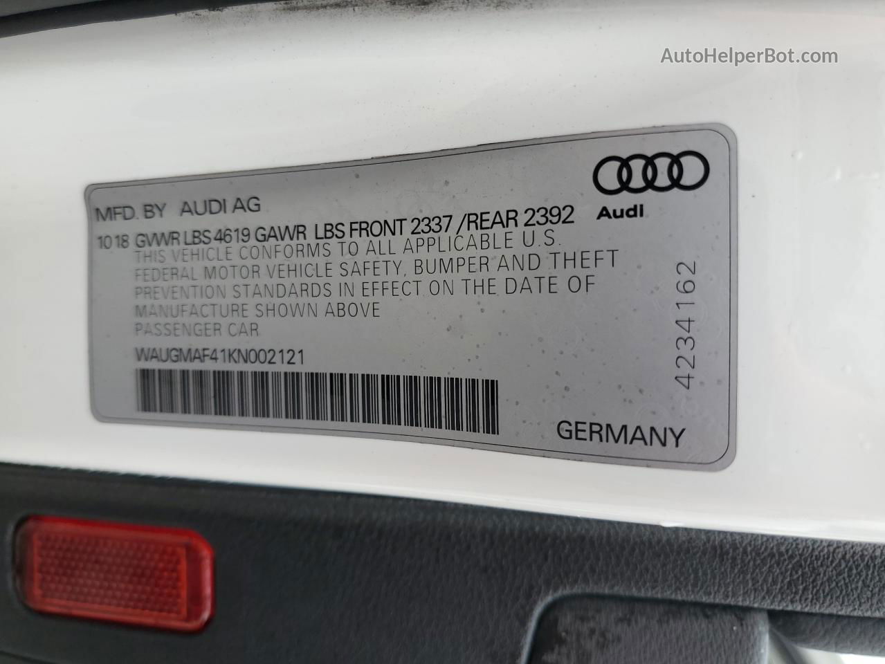 2019 Audi A4 Premium White vin: WAUGMAF41KN002121