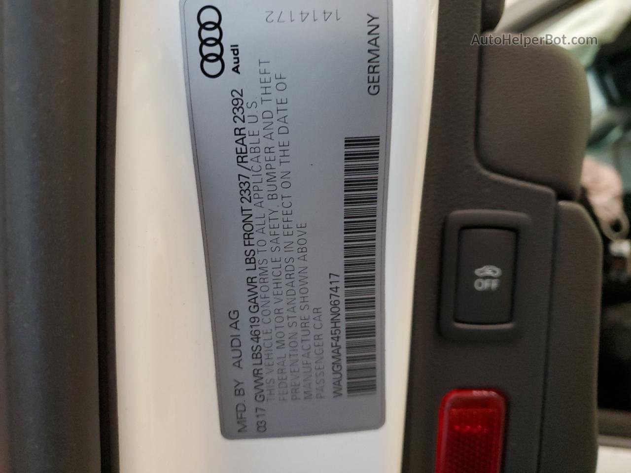2017 Audi A4 Ultra Premium White vin: WAUGMAF45HN067417