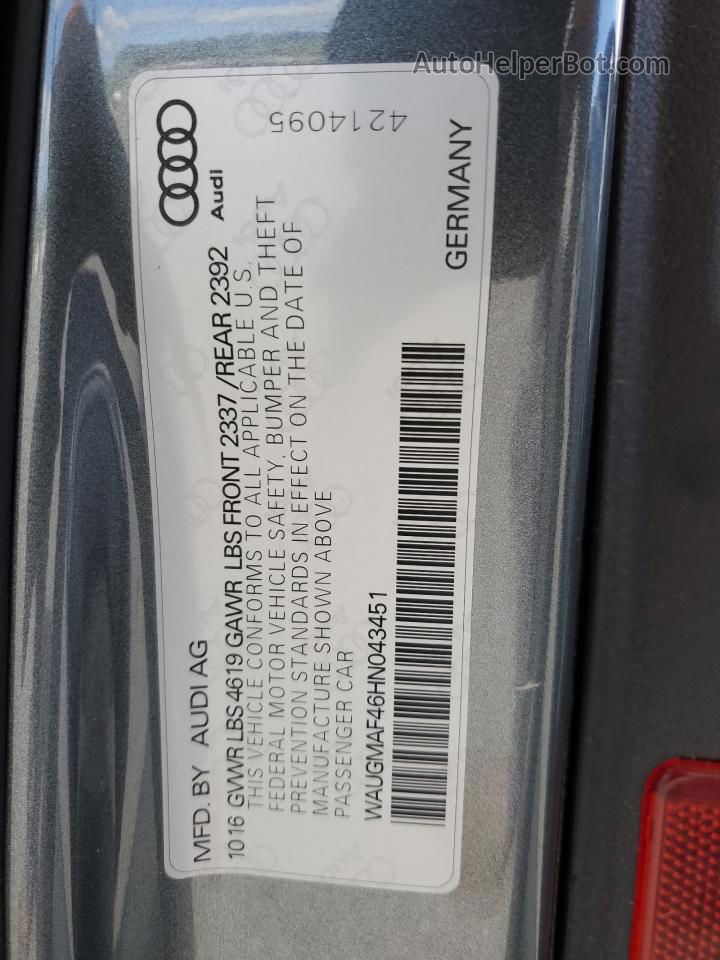 2017 Audi A4 Ultra Premium Gray vin: WAUGMAF46HN043451