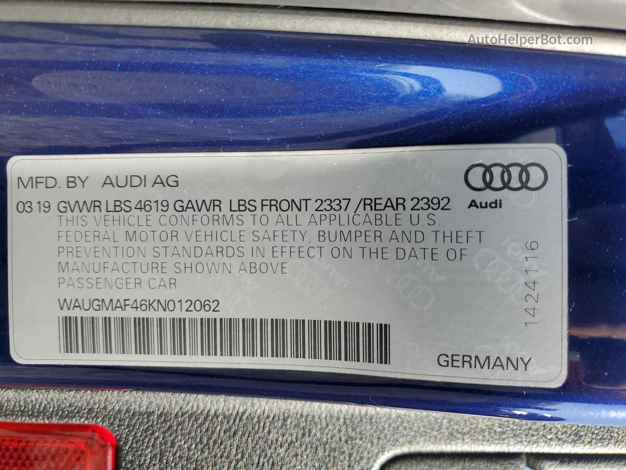 2019 Audi A4 Premium Blue vin: WAUGMAF46KN012062