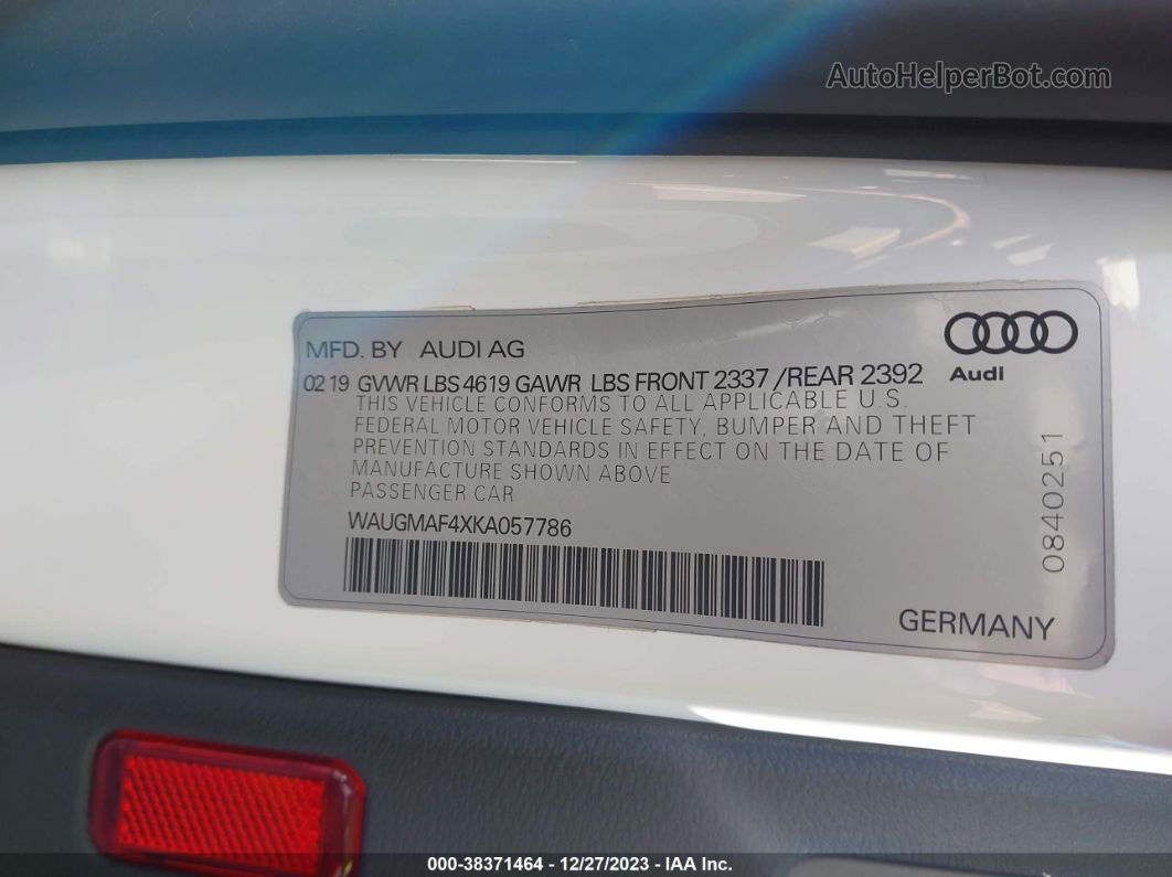 2019 Audi A4 40 Premium/40 Titanium Premium White vin: WAUGMAF4XKA057786
