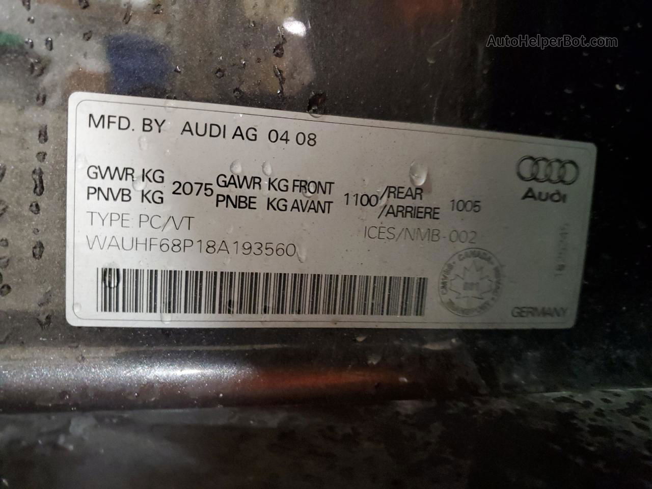 2008 Audi A3 2.0 Charcoal vin: WAUHF68P18A193560