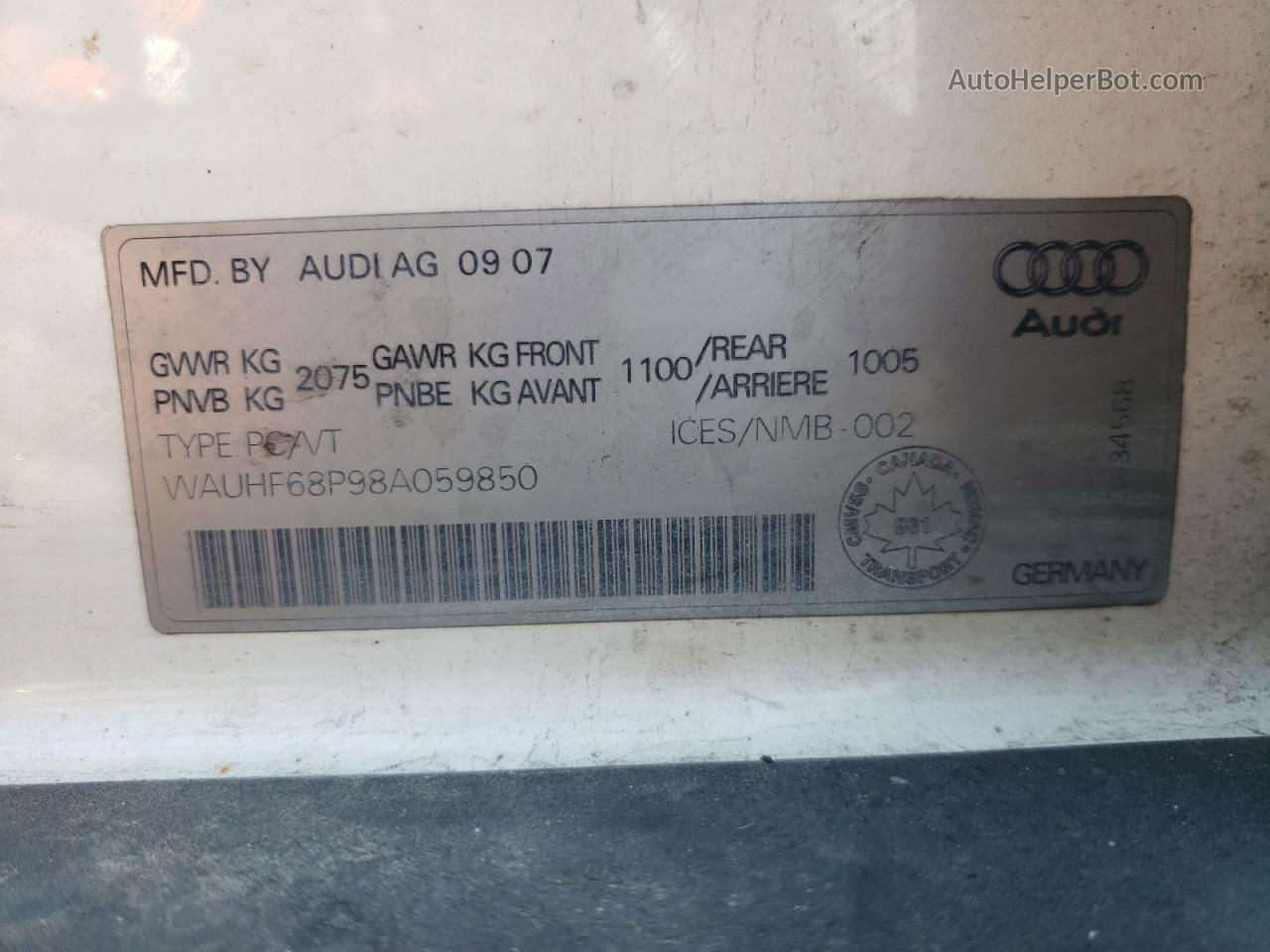 2008 Audi A3 2.0 White vin: WAUHF68P98A059850