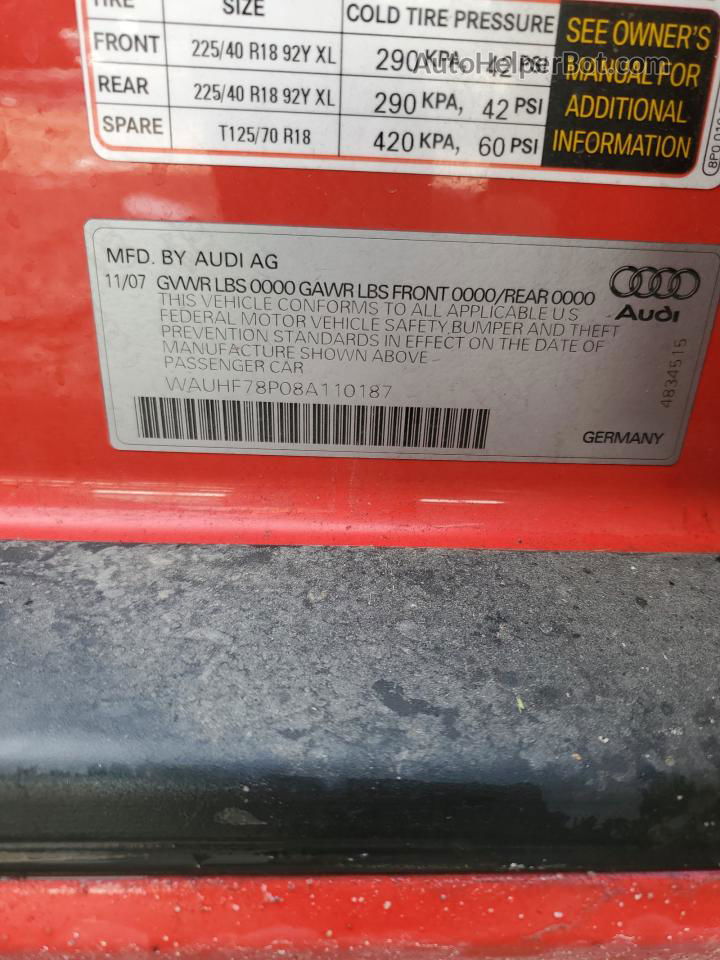 2008 Audi A3 2.0 Red vin: WAUHF78P08A110187