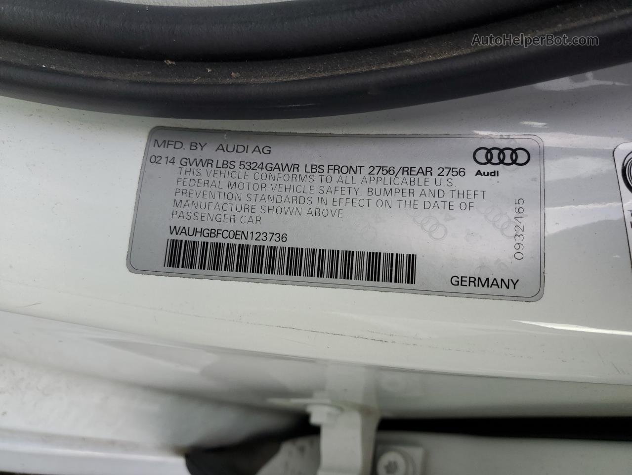 2014 Audi A6 Prestige White vin: WAUHGBFC0EN123736