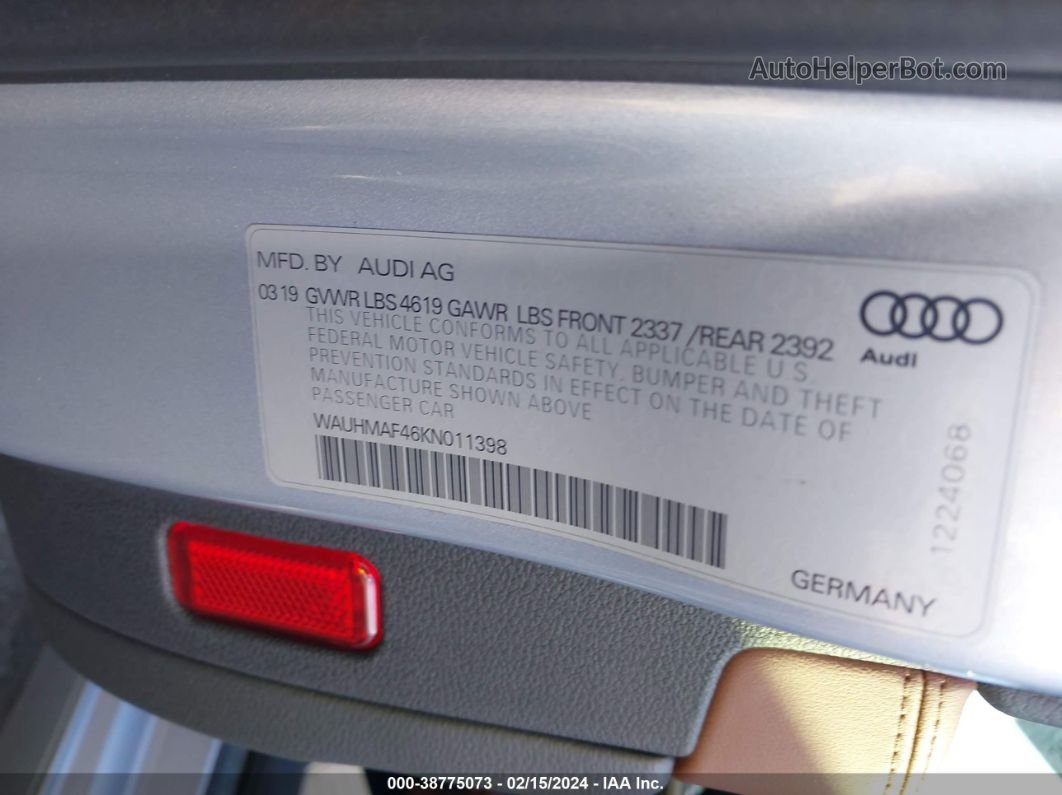 2019 Audi A4 40 Premium Silver vin: WAUHMAF46KN011398