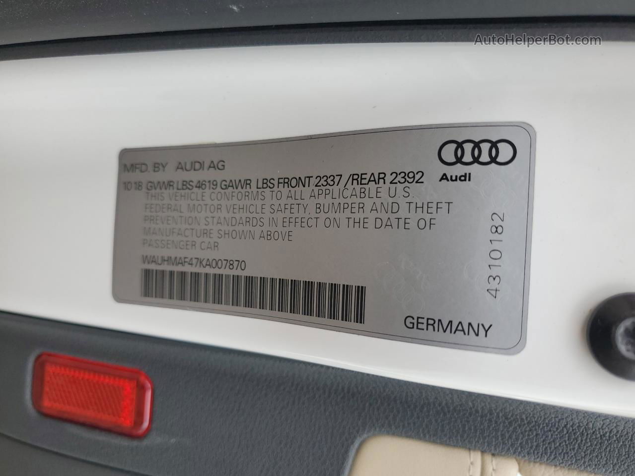 2019 Audi A4 Premium Plus White vin: WAUHMAF47KA007870