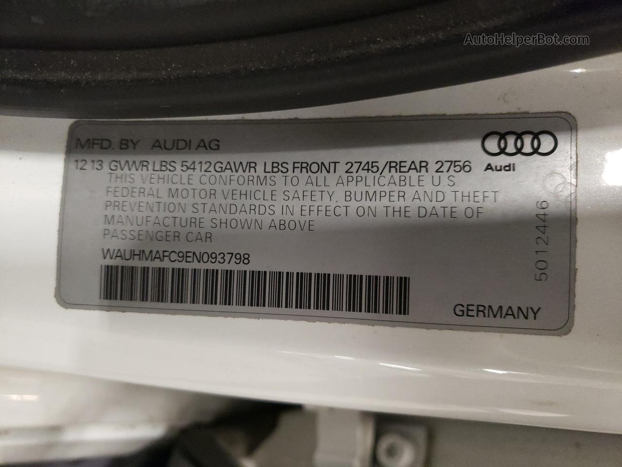 2014 Audi A6 Prestige White vin: WAUHMAFC9EN093798