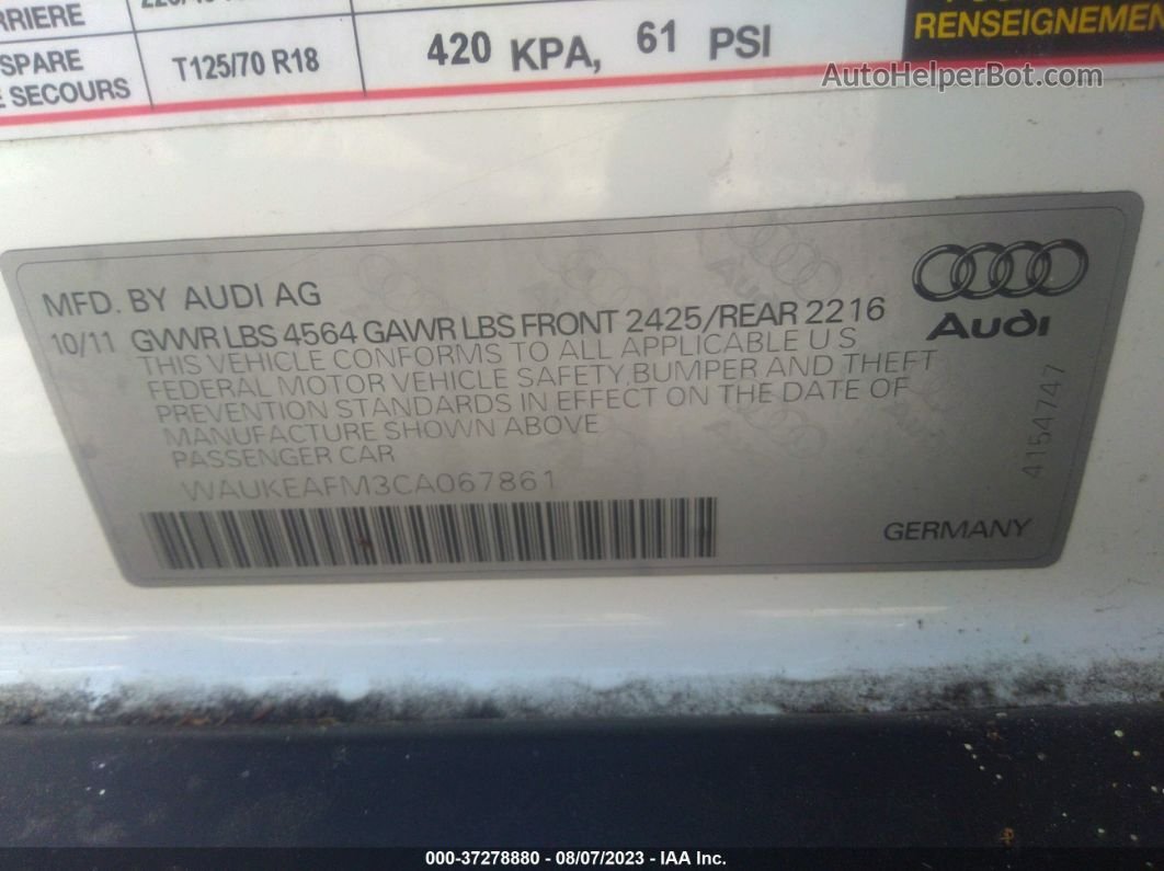 2012 Audi A3 2.0t Premium Plus White vin: WAUKEAFM3CA067861