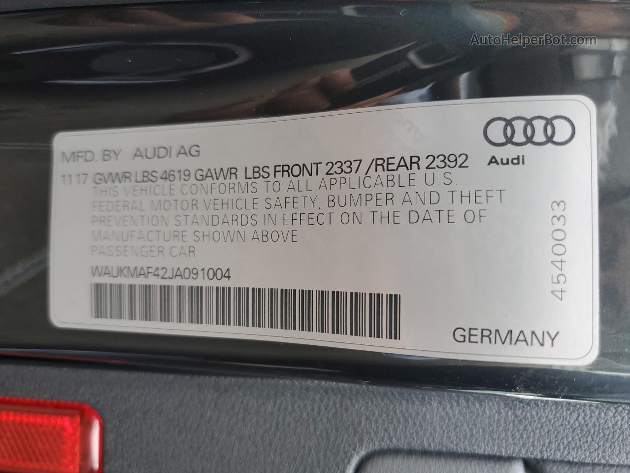 2018 Audi A4 Premium Угольный vin: WAUKMAF42JA091004