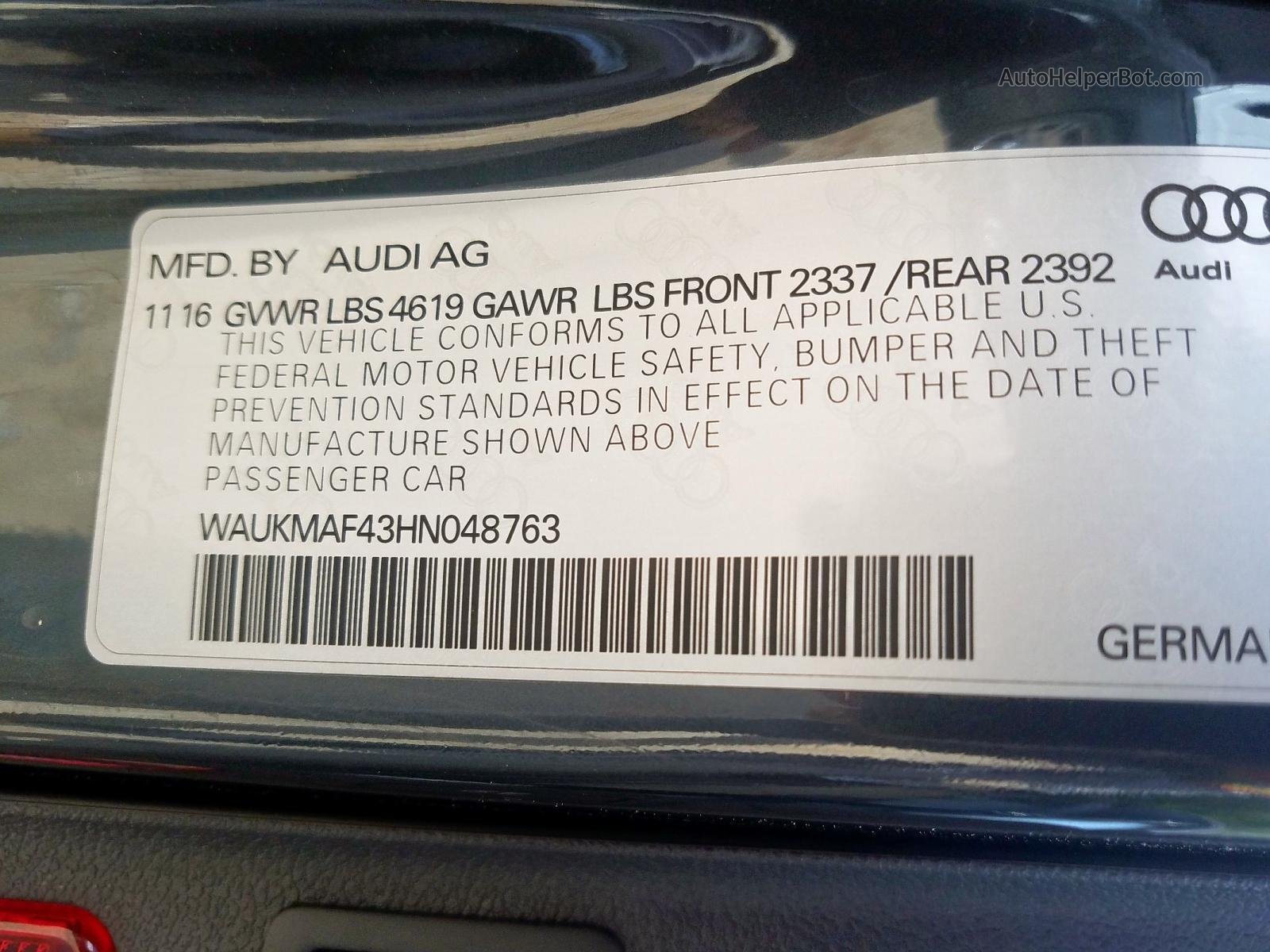 2017 Audi A4 Ultra Premium Gray vin: WAUKMAF43HN048763