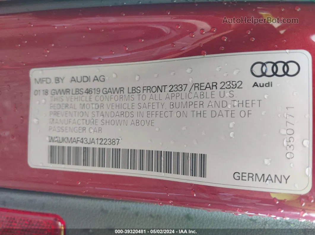 2018 Audi A4 2.0t Tech Ultra Premium/2.0t Ultra Premium Red vin: WAUKMAF43JA122387