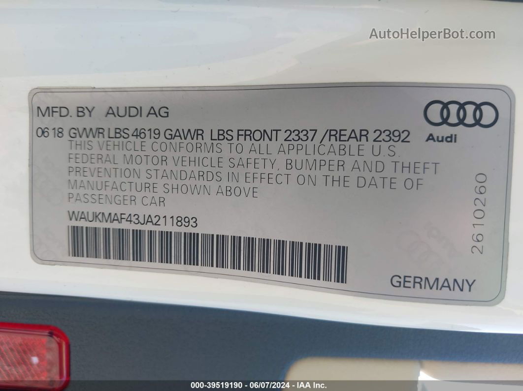 2018 Audi A4 2.0t Tech Ultra Premium/2.0t Ultra Premium White vin: WAUKMAF43JA211893