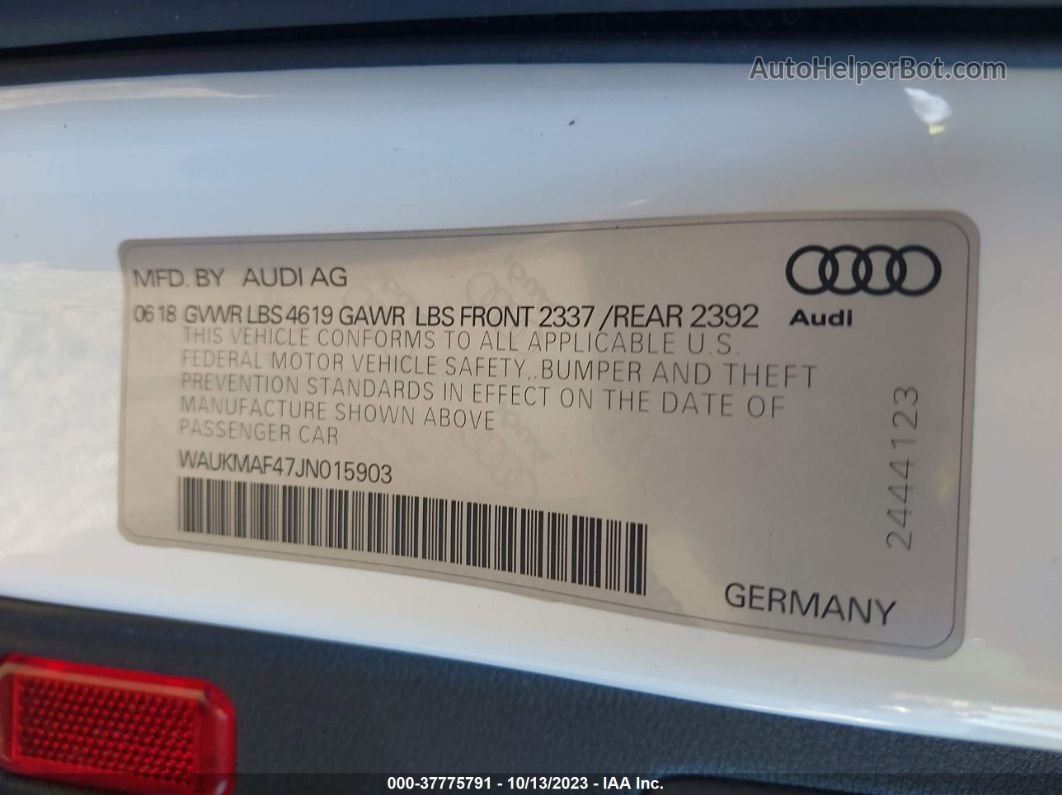 2018 Audi A4 2.0t Tech Ultra Premium/2.0t Ultra Premium Белый vin: WAUKMAF47JN015903