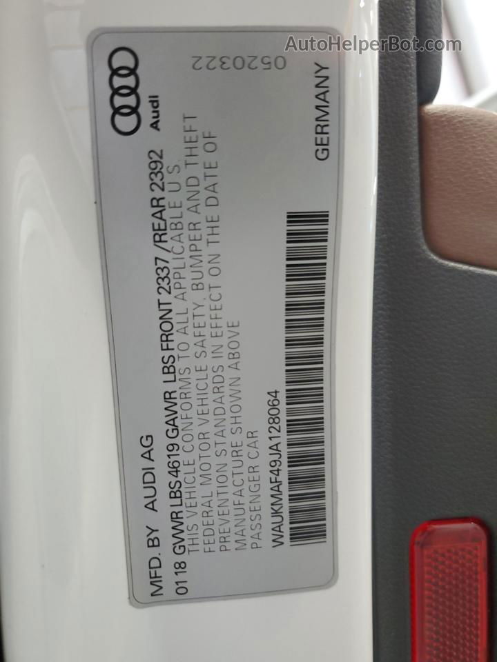 2018 Audi A4 Premium White vin: WAUKMAF49JA128064