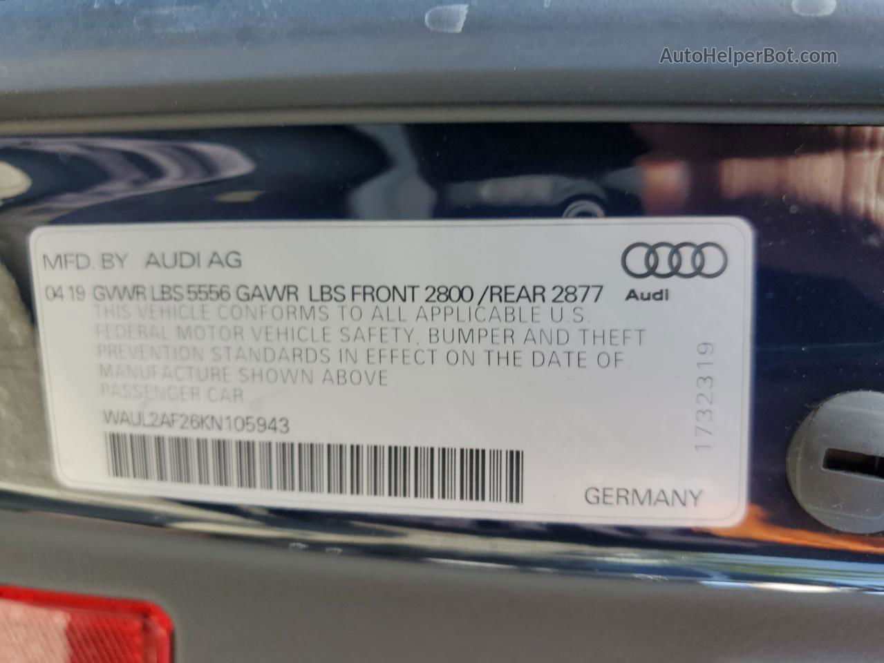 2019 Audi A6 Premium Plus Blue vin: WAUL2AF26KN105943