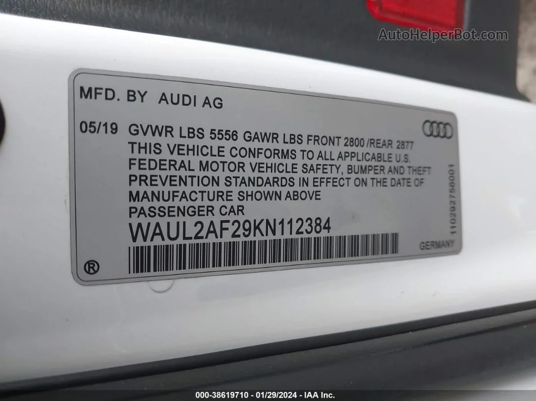 2019 Audi A6 55 Premium White vin: WAUL2AF29KN112384