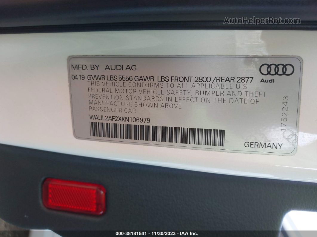 2019 Audi A6 55 Premium White vin: WAUL2AF2XKN106979