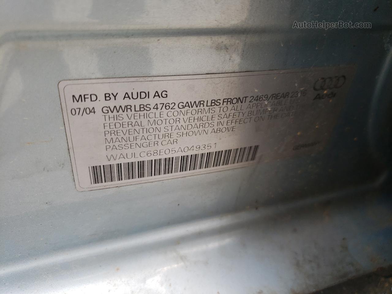 2005 Audi A4 1.8t Quattro Blue vin: WAULC68E05A049351
