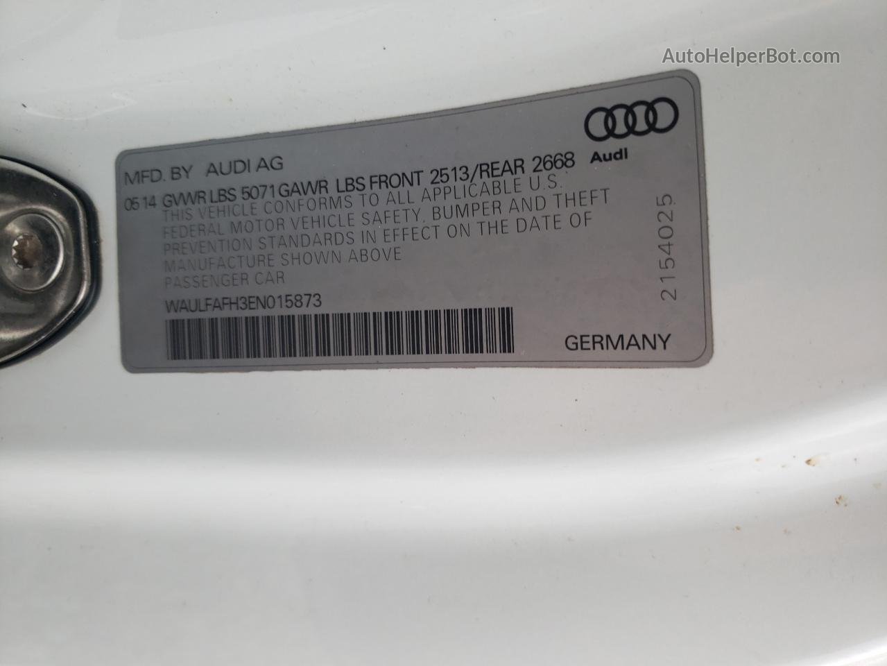 2014 Audi A5 Premium Plus White vin: WAULFAFH3EN015873