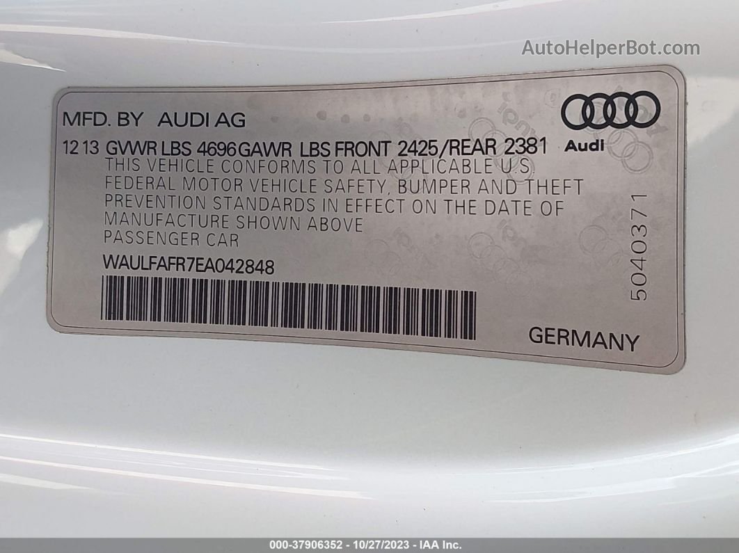2014 Audi A5 Premium Plus White vin: WAULFAFR7EA042848