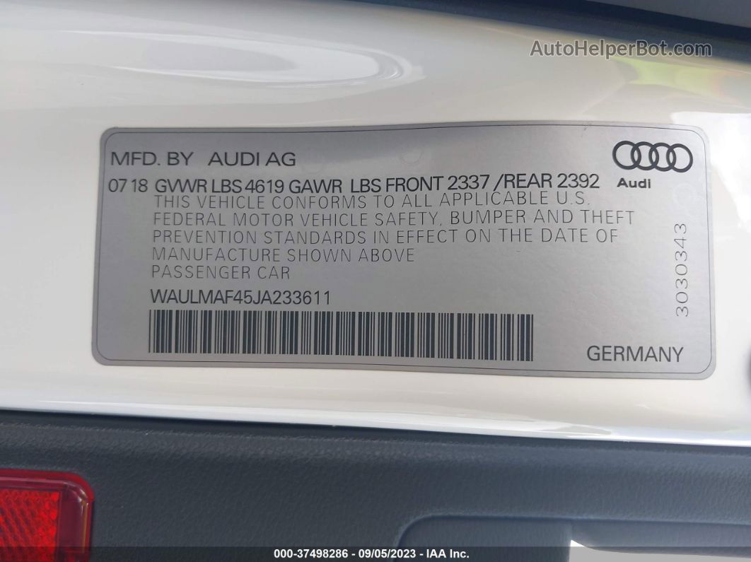 2018 Audi A4 Premium Plus White vin: WAULMAF45JA233611
