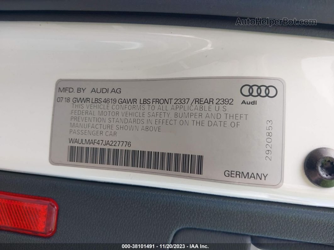 2018 Audi A4 2.0t Tech Ultra Premium/2.0t Ultra Premium White vin: WAULMAF47JA227776