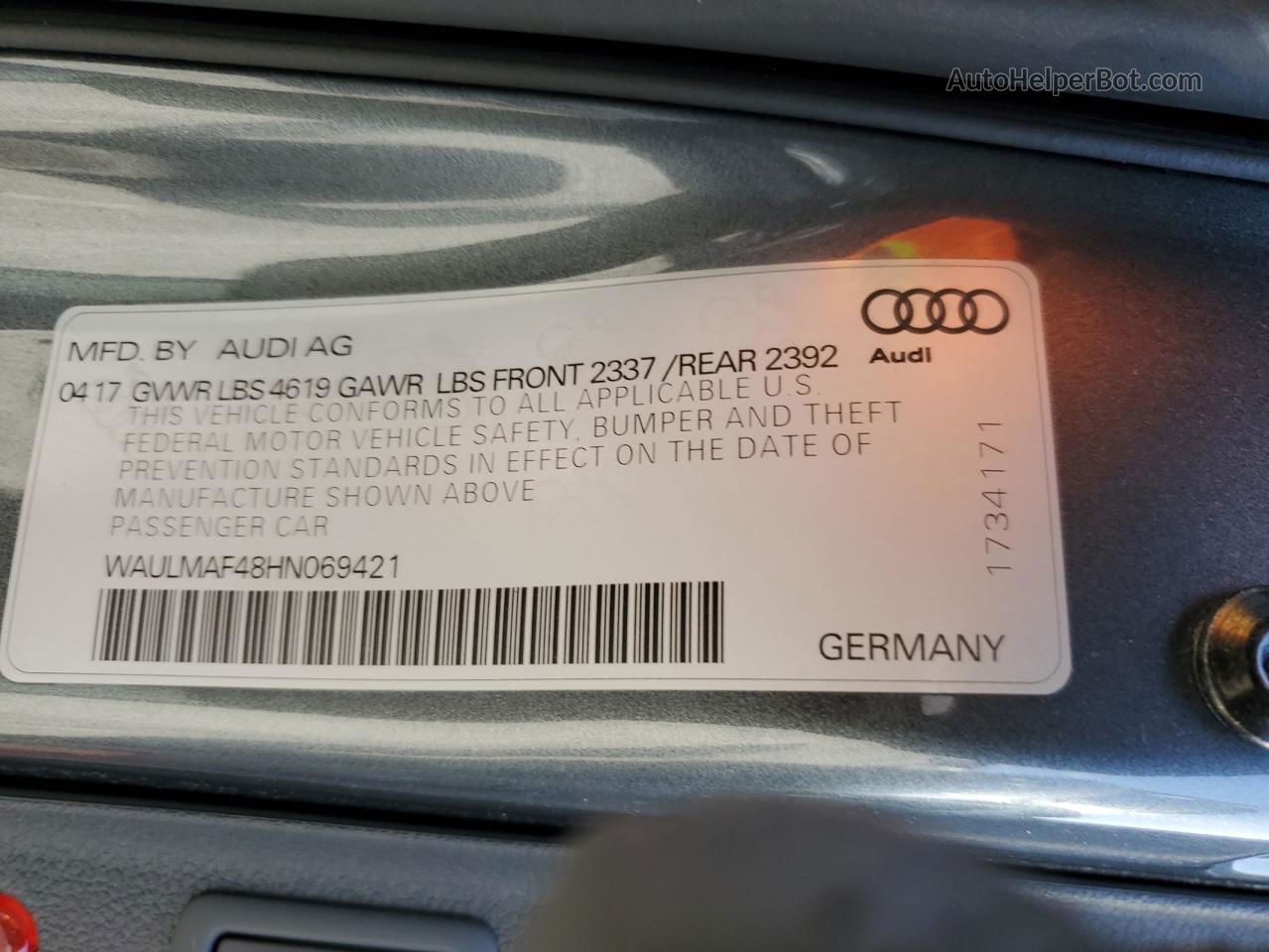 2017 Audi A4 Ultra Premium Plus Gray vin: WAULMAF48HN069421