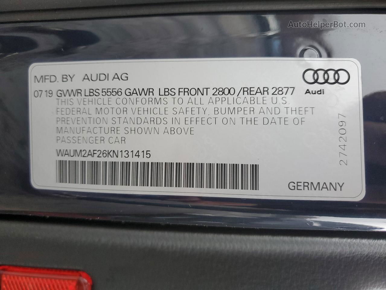 2019 Audi A6 Prestige Blue vin: WAUM2AF26KN131415