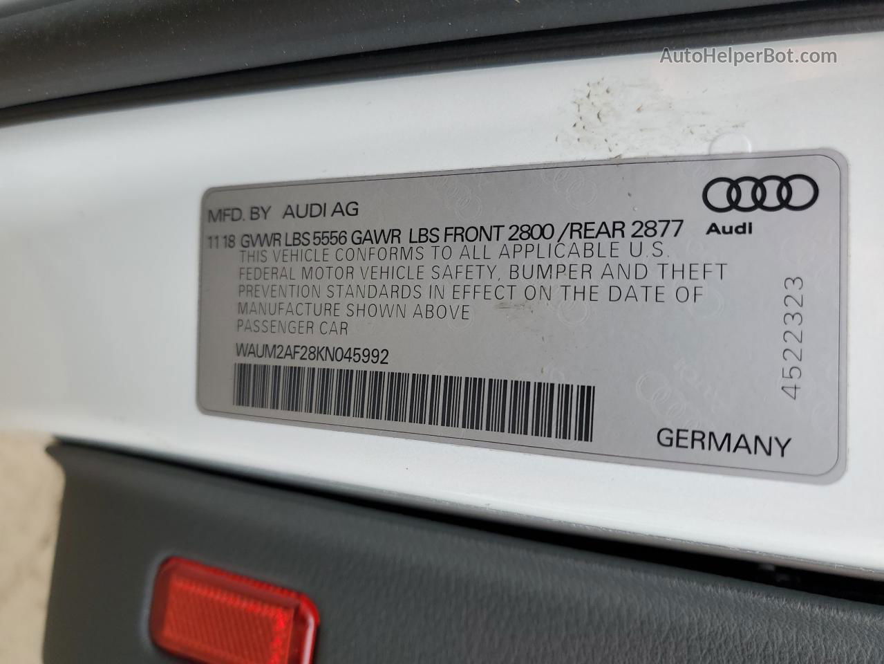 2019 Audi A6 Prestige White vin: WAUM2AF28KN045992