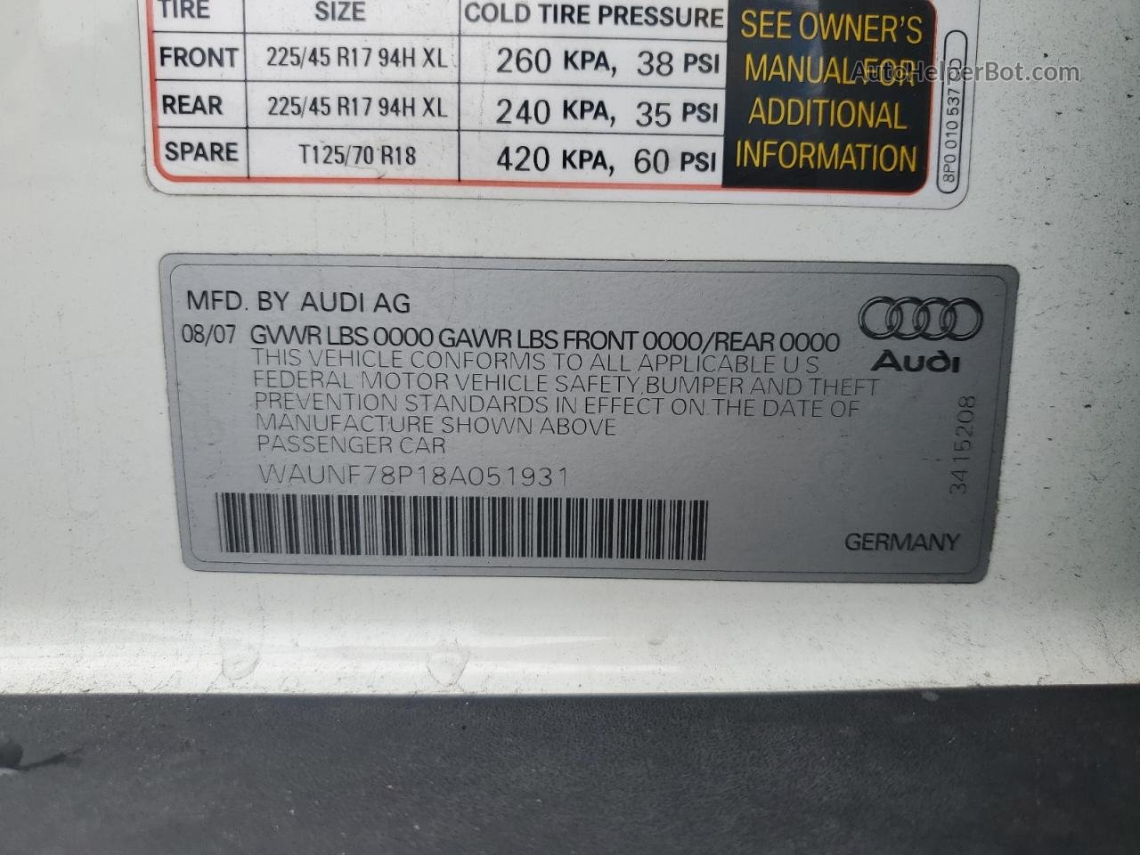 2008 Audi A3 2.0 Premium Белый vin: WAUNF78P18A051931