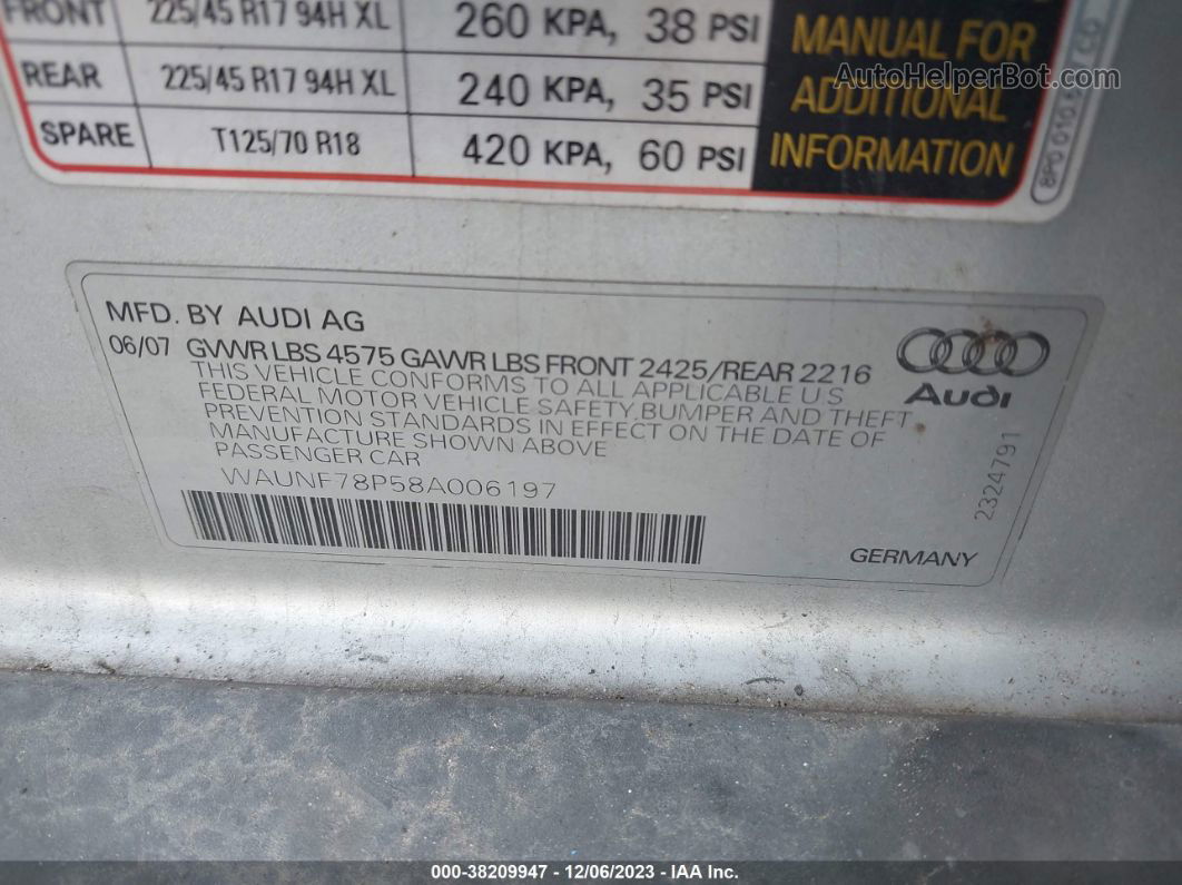 2008 Audi A3 2.0t Silver vin: WAUNF78P58A006197