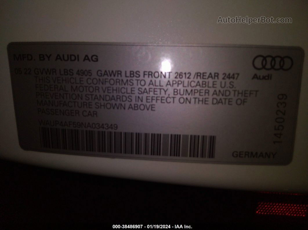 2022 Audi S5 Premium Plus Tfsi Quattro Tiptronic White vin: WAUP4AF59NA034349