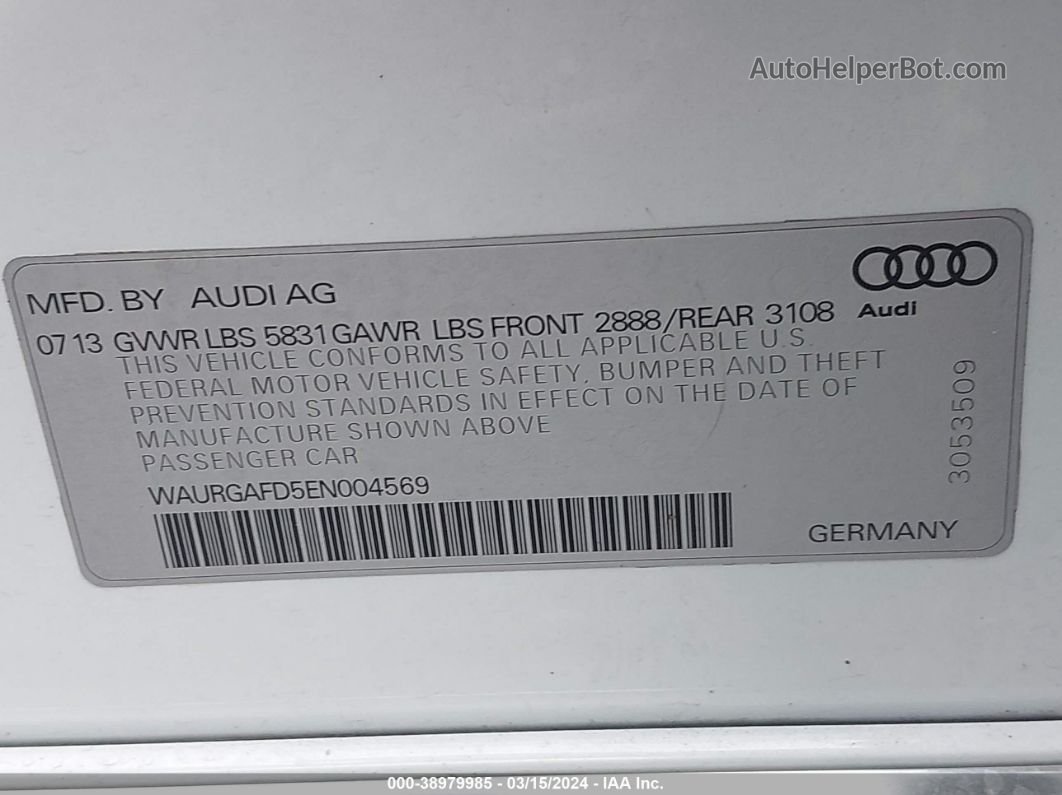 2014 Audi A8 L 3.0t White vin: WAURGAFD5EN004569